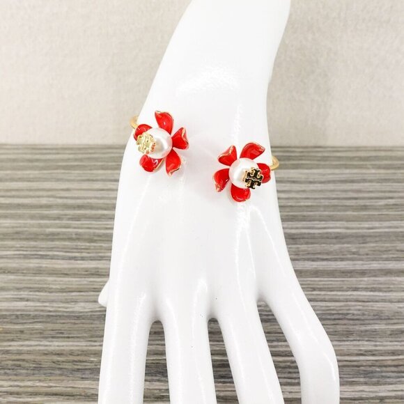 Tory Burch Golden and Red Flower Pearls Bracelet Red OS - Picture 6 of 12